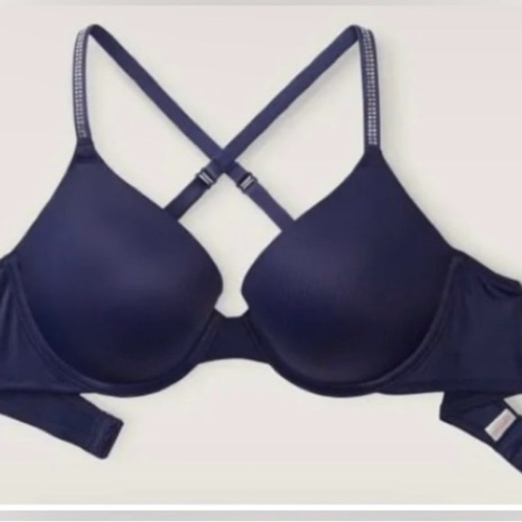 PINK Victoria's Secret Deep Blue w/Rhinestones Push-up Bra Sz-32B - Picture 3 of 7